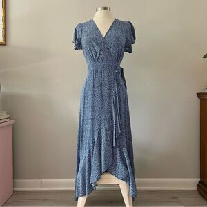 Short Sleeve Midi Wrap Dress Blue White Floral Print M